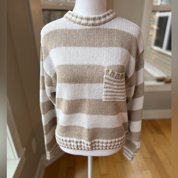 Vintage 90’s Nuggets Tan White Striped Cotton Cropped Sweater Size Large - Picture 3 of 10